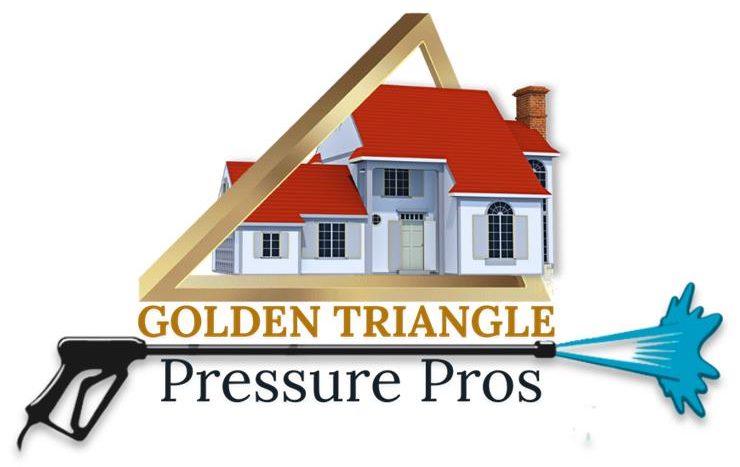 Logo of Golden Triangle Pressure Pros featuring a house illustration with a red roof inside a golden triangle, a pressure washer spray nozzle, and the company name 'Golden Triangle Pressure Pros' in bold lettering.
