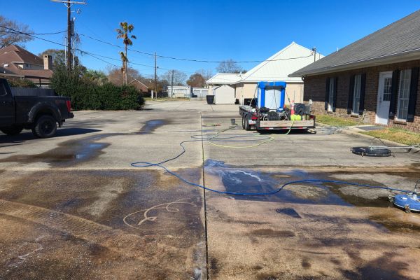 A large concrete area with visible dirt and debris scattered across the surface. The concrete is clean but appears weathered with minor stains and leaves scattered on the ground.