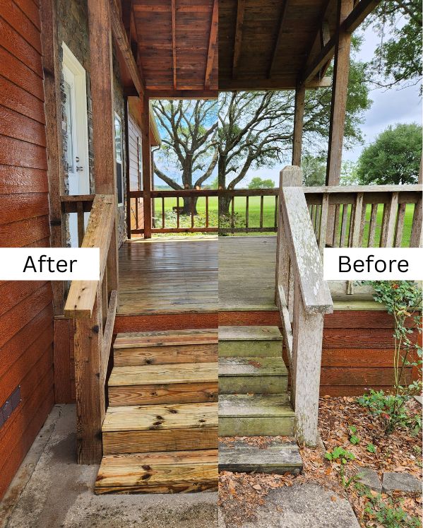 Before and after comparison showing the transformation of a porch area after house washing services. The 'before' image depicts a weathered, dirty porch with faded wooden steps and railings, while the 'after' image shows a clean and refreshed porch with restored wooden steps and vibrant railings.