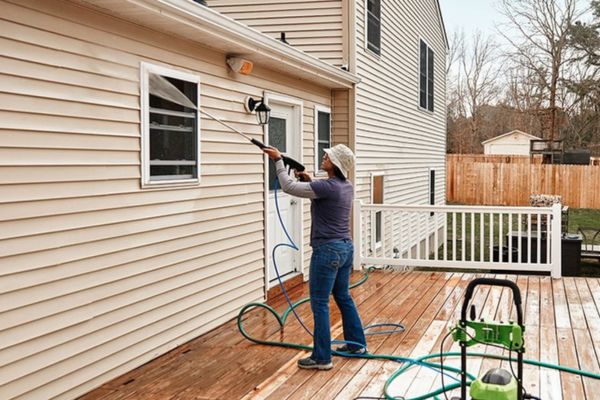 A person cleaning the exterior of a house with a pressure washer as part of house washing services, spraying water on the siding near a window with a hose and pressure washer in hand.