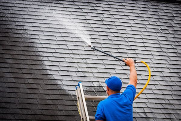 A worker on a ladder using a pressure washer to clean a roof, performing roof washing services to remove dirt and debris from the roof shingles.