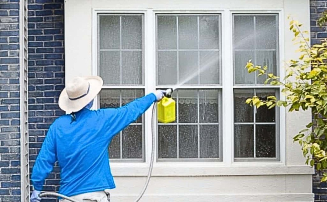 Professional performing soft washing on house windows using low-pressure equipment and cleaning solution to remove dirt and buildup.