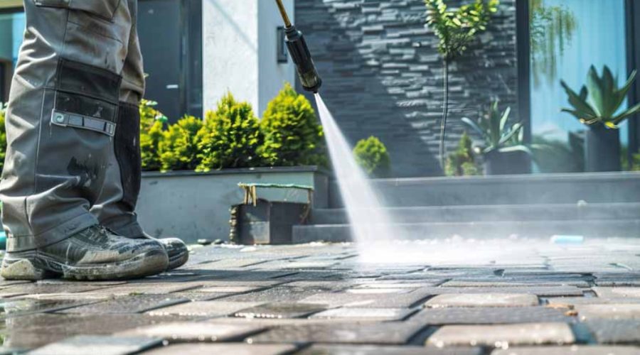 Worker using professional equipment for soft washing outdoor stone pavers, removing dirt and buildup to restore a clean surface.
