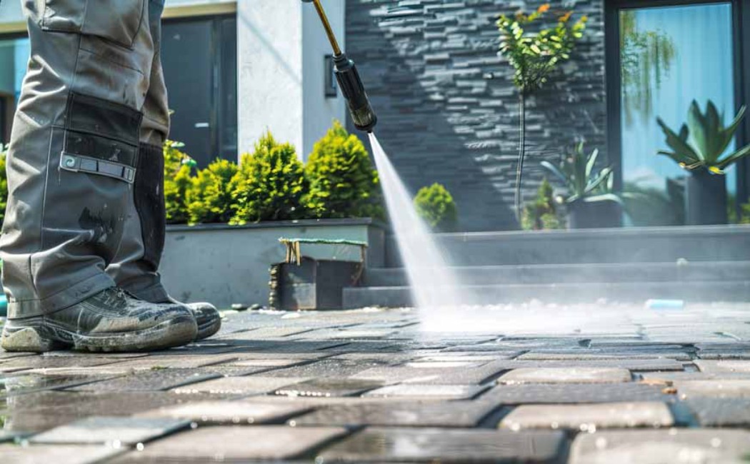 Worker using professional equipment for soft washing outdoor stone pavers, removing dirt and buildup to restore a clean surface.