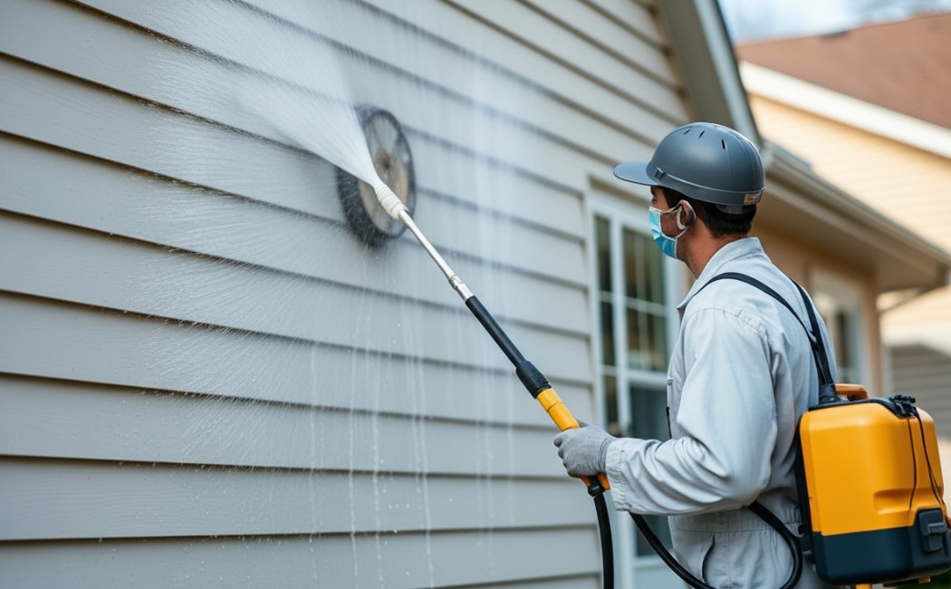 A professional technician performing soft washing services on house siding using a low-pressure sprayer and cleaning solution to remove dirt and mildew.